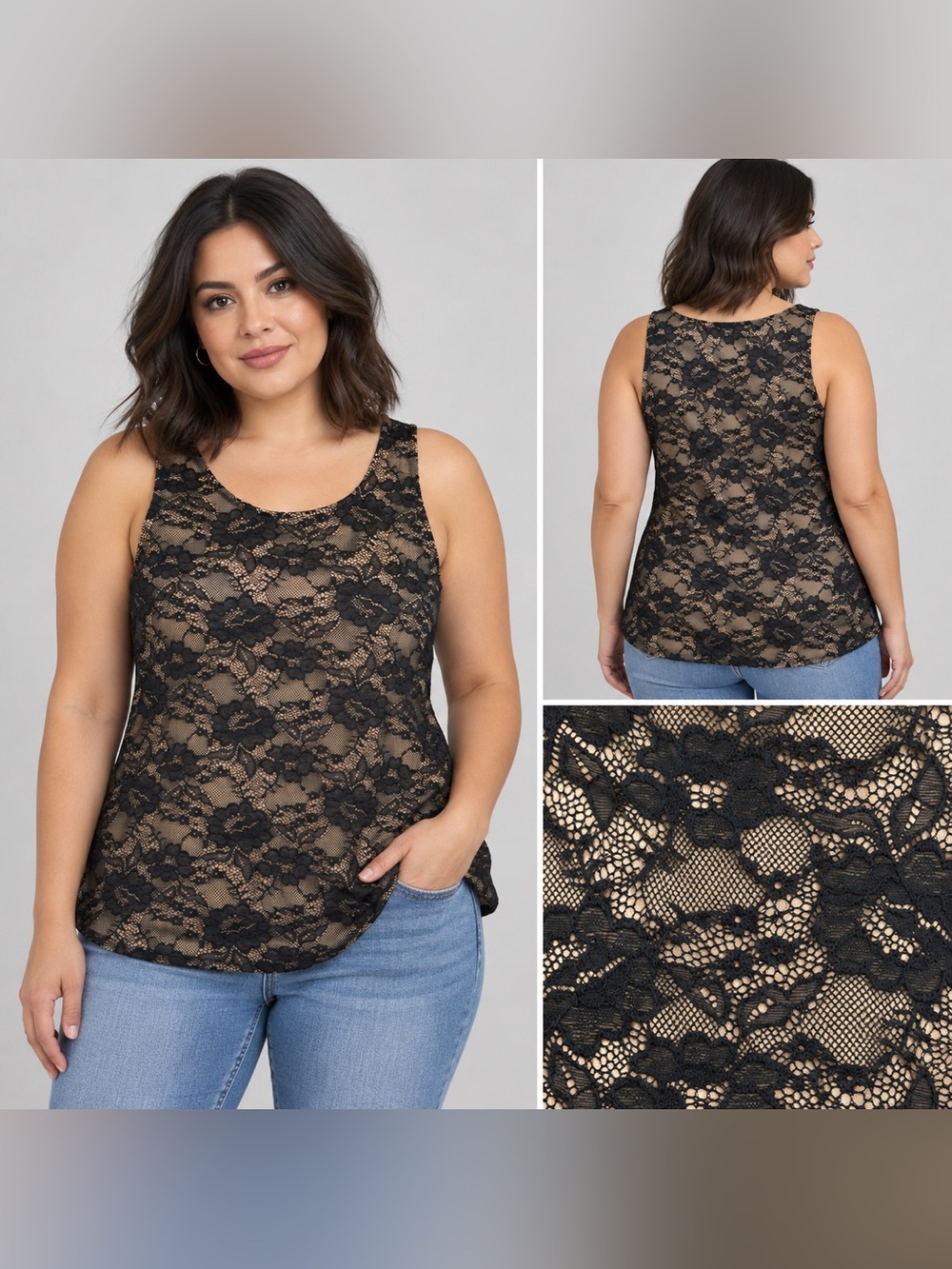 TORRID Black Lace Overlay Tank with Nude Underlay size 0/L12